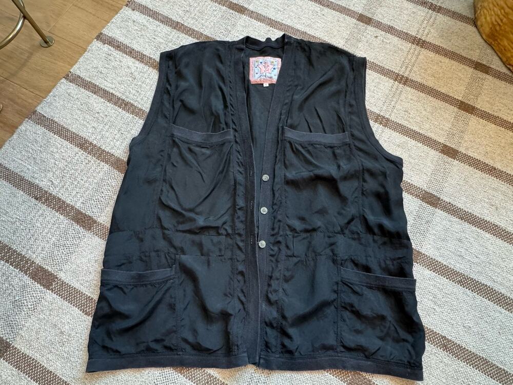 Vtg Joey Bisque Lagenlook Black Sheer Vest 1 XL Artsy Pockets Minimalist